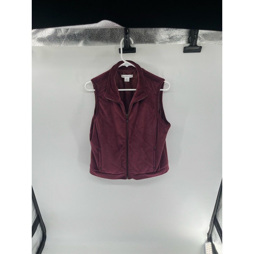 Liz Claiborne Womens Burgundy Quilted Velvet Full Zip Vest Stand Collar Large